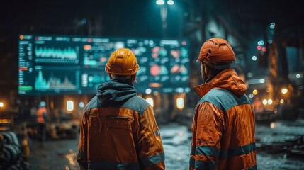 Obraz premium Two Workers in Safety Gear Monitoring Industrial Data Display at Night