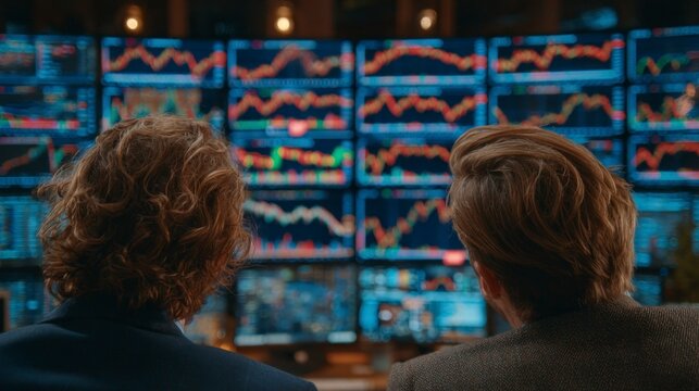 Two Professionals Analyzing Financial Data on Multiple Screens in a Modern Office Setting