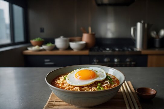 Comforting Korean ramyun noodles in a spicy broth, garnished with a soft-boiled egg and fresh scallions