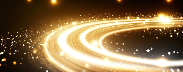 Fototapeta premium Golden light trails swirl in concentric circles on a dark background, glittering with scattered sparkles