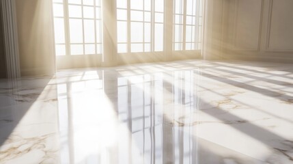 Obraz premium Reflection of the sun on a beautiful, shiny marble floor, light coming through a window, minimalist design generative ai