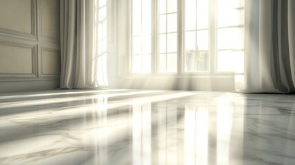 Reflection of the sun on a beautiful, shiny marble floor, light coming through a window, minimalist design generative ai