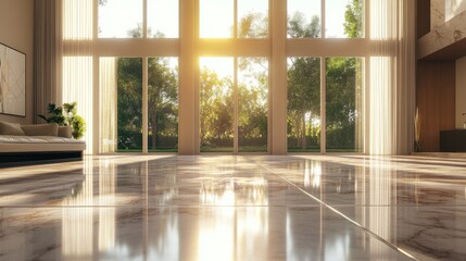 Sunlight creates dynamic reflections on a glossy marble floor in a minimalist living room with large windows. generative ai