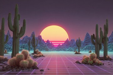 neon desert landscape with cacti and glowing sun, retro grid ground and synthwave mountains in the background