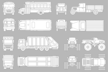 Flat vector line industrial vehicle design illustration of cleaning truck and school bus and agricultural tractor © まこと