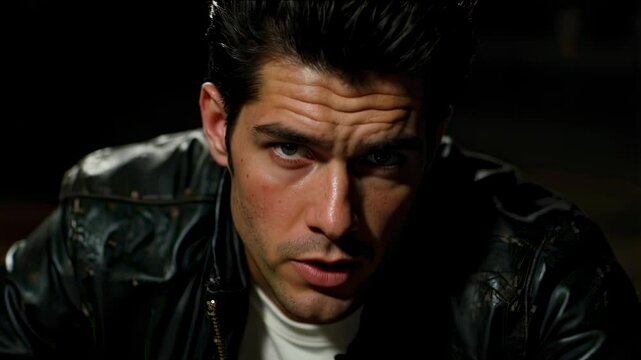Close-up portrait of a man in a leather jacket