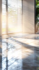 Sunlight filters through blinds onto a polished marble floor in a minimalist office space. generative ai