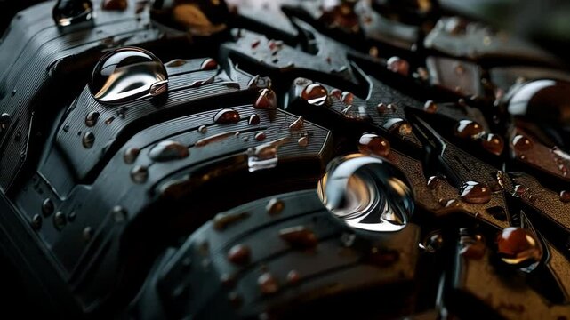 Close-up of dark textured surface with metallic accents and water droplets creating a visually compelling abstract pattern.