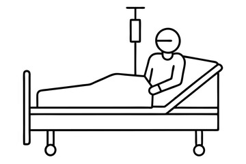Patient in hospital bed receiving iv drip simple line art illustration
