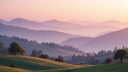 Fototapeta premium Misty Sunrise over Lavender-Hued Alpine Hills and Solitary Trees