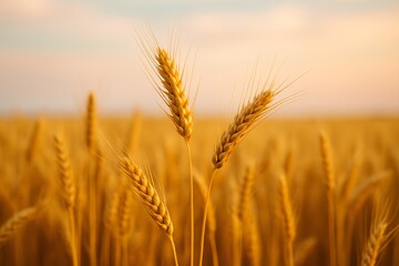Fototapeta premium Golden wheat field glowing under a warm sunset sky, symbolizing abundance, agriculture, and the beauty of rural farming landscapes in late summer harvest season 