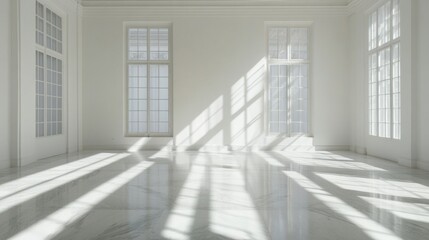 Obraz premium Sunlight filters through large windows onto a pristine marble floor in a minimalist art gallery. generative ai