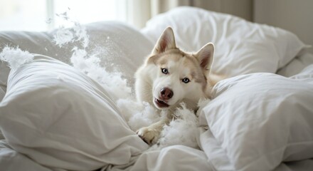 Fototapeta premium Siberian Husky with blue eyes lying on white pillows, feathers scattered around, soft natural lighting, cozy indoor setting.