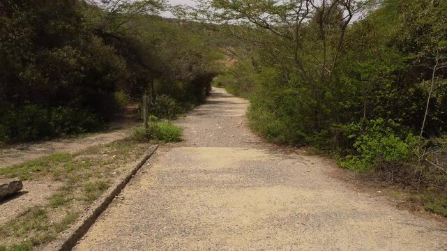 Drone shot an abandoned road, with vegetation around it, on a mountain with nearby beaches. forward and backward movements. recorded at 60 FPS