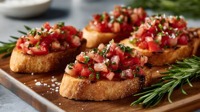 Fresh tomato bruschetta appetizers on a wooden board, garnished with rosemary, perfect for a light meal or snack. Delicious and vibrant!