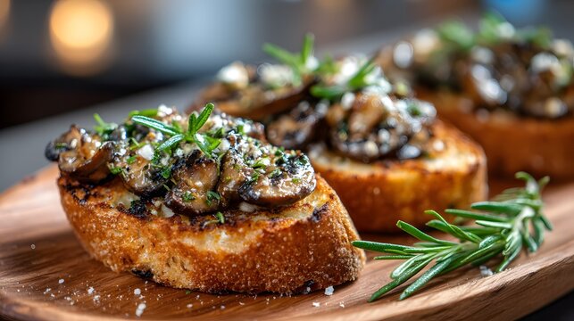 Delicious mushroom bruschetta appetizer featuring toasted bread topped with savory mushrooms, herbs, and a hint of cheese on a wooden board.