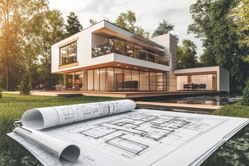 Modern, two-story house with pool and architectural blueprints in foreground, nestled in a lush green landscape