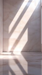 Sunlight filters through skylights onto a polished marble floor in a minimalist bathroom. generative ai