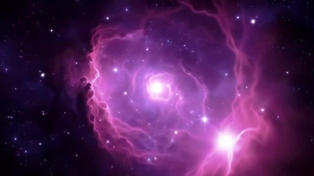 Nebula Swirl in Cosmic Majesty: Witness an awe-inspiring nebula, a celestial swirl of vibrant purples and radiant light, filling the vast expanse of the cosmos with an ethereal glow.