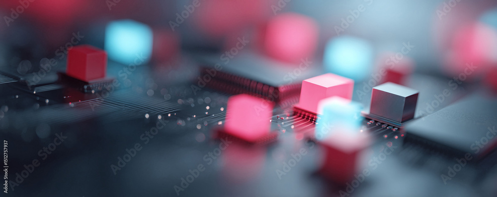 Poster Abstract tech detail with cubes  circuit board elements. Represents innovation, data processing,  artificial intelligence. Use for technology concepts.