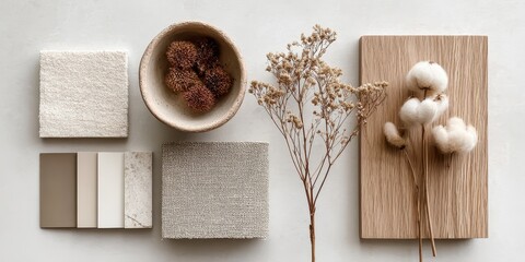 Neutral palette mood board featuring wood, fabric swatches, dried florals, and small bowl of dried elements