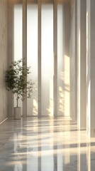 Obraz premium Sunlight filters through tall windows onto a shiny marble floor in a minimalist hallway, generative ai
