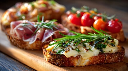 Delicious bruschetta selection: featuring tomatoes, prosciutto, herbs, and cheese, artfully arranged on crusty bread. Appetizing and flavorful.