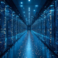 A highly advanced data center with a digital twin system that manages biometric access flow and detects anomalies showcasing a smart and efficient tech design in a blue toned