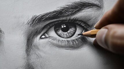 eyes sketched with graphite pencil on rough paper, depth of field in black and white generative ai