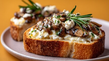 Gourmet toast featuring saut?ed mushrooms, creamy cheese, and fragrant herbs on a crispy bread slice, perfect for a delicious appetizer.