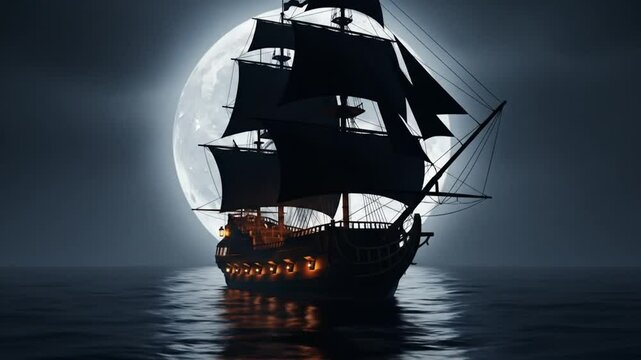 Pirate Ship Silhouette Against a Full Moon