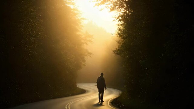 Silhouetted figure walking through golden mist on winding forest roa