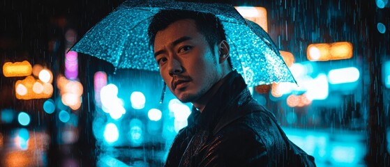 Lifestyle portrait personal urban rain walk neon reflections umbrella moody tone slow steps introspective vibe authentic lifestyle story city glow cinematic detail depth emotion