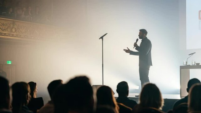 Male speaker on stage addressing audience in dimly lit auditorium