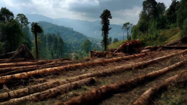 Forest hillside showing deforestation with cut logs on the ground near a lush green valley and mountains in the background.