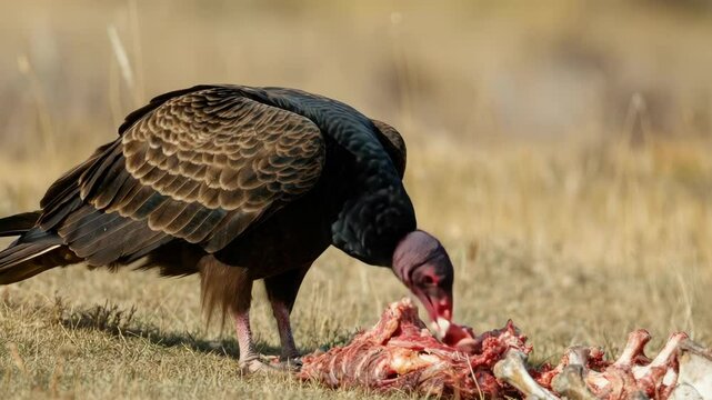 Turkey vulture feeding on animal carcass in wild