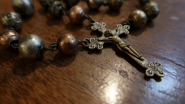 Antique bronze rosary beads with crucific on dark wood surface creating religious and faith themed atmosphere and soft light.