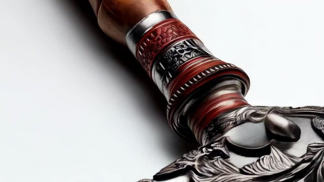 Ornate crossed daggers featuring intricate metalwork, stylized leaf patterns, and wooden handles against a stark white background.
