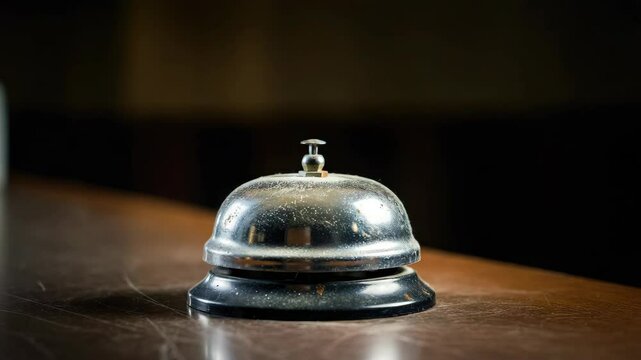 Service bell on wooden counter, typically found in hotels or reception areas
