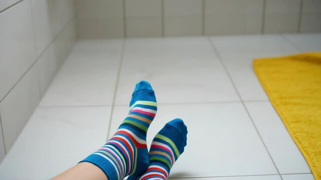 Striped colorful socks on person's feet, indoors tiled floor
