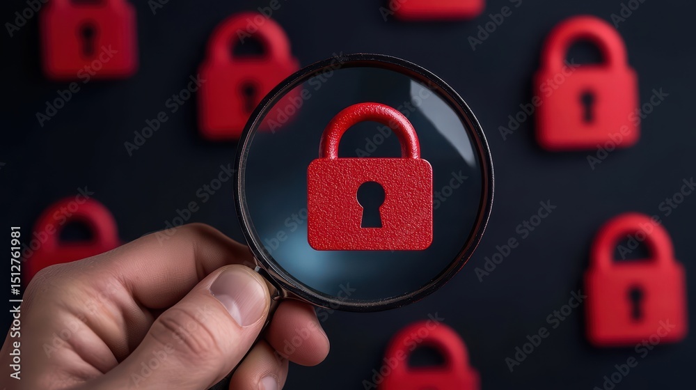 Poster magnifying glass highlighting red lock with multiple locks in background representing security and p