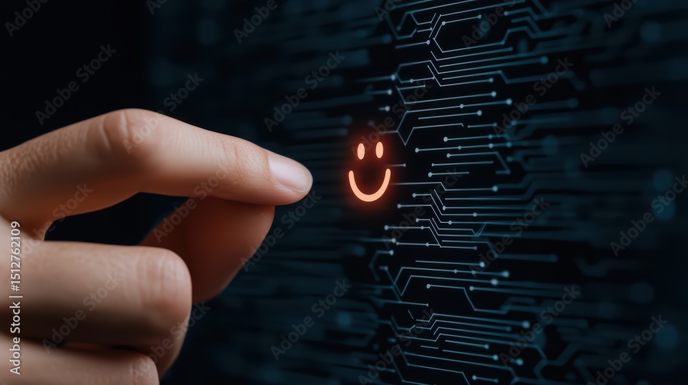Poster hand interacting with digital interface displaying smile icon in high-tech background