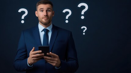 Businessman in Suit Looking Confused While Holding Smartphone Surrounded by Floating Question Marks
