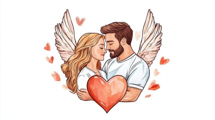 cupid wrapping couple inside heart clipart, protective love element, watercolor illustration, pastel, isolated on white background
