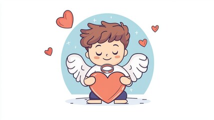 tiny cupid with oversized engagement ring clipart, funny romantic element, flat cartoon, pastel, isolated on white background