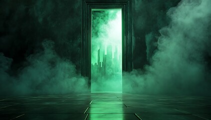 The three-dimensional painting shows a shadowy room illuminated by green light and smoke swirling along the edges.
