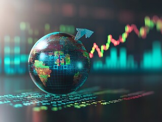 High-quality 3D render of a globe with an ascending stock market chart, set against a black background, symbolizing global finance, economic growth, and international business trends