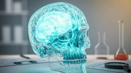Transparent skull with digital brain highlights AI, innovation, technology