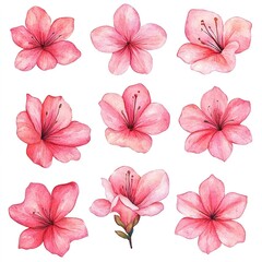 Nine Watercolor Pink Azalea Flowers