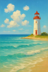 A vibrant acrylic painting of a lighthouse standing tall on a rocky shore, surrounded by crashing waves and a colorful sunset sky. Bold brushstrokes and vivid hues evoke power and serenity.